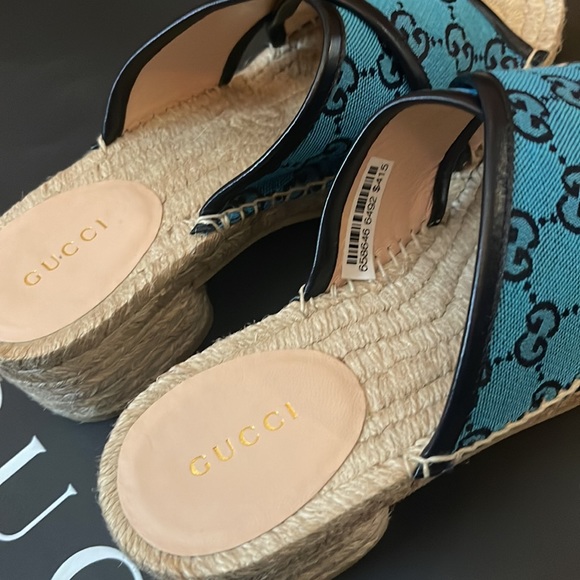 Gucci Sandals Fabric New Espadrille Canvas GG/Napa Charlotte light blue 6.5 - Picture 4 of 10